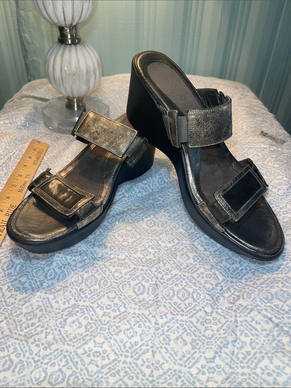 Naot  Treasure Metallic Bronzy Grey Wedge Sandals Dual Straps Slip in 11/11.5 42